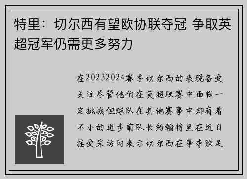 特里：切尔西有望欧协联夺冠 争取英超冠军仍需更多努力
