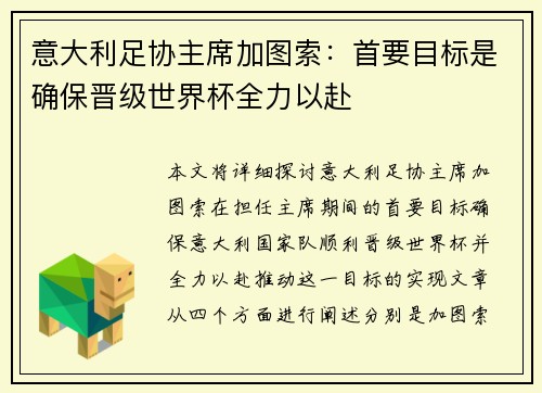 意大利足协主席加图索：首要目标是确保晋级世界杯全力以赴