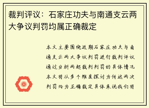 裁判评议:石家庄功夫与南通支云两大争议判罚均属正确裁定