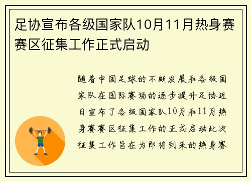 足协宣布各级国家队10月11月热身赛赛区征集工作正式启动