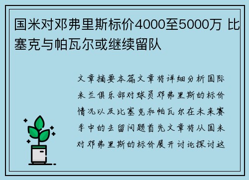 国米对邓弗里斯标价4000至5000万 比塞克与帕瓦尔或继续留队