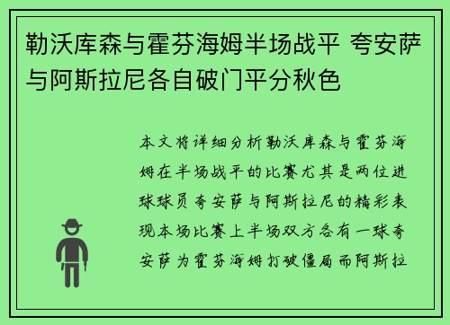 勒沃库森与霍芬海姆半场战平 夸安萨与阿斯拉尼各自破门平分秋色