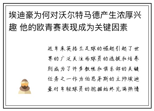 埃迪豪为何对沃尔特马德产生浓厚兴趣 他的欧青赛表现成为关键因素